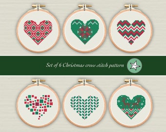 set of 6! modern Christmas cross stitch pattern, Christmas hearts, Christmas ornaments, geometric hearts, PDF pattern ** instant download**
