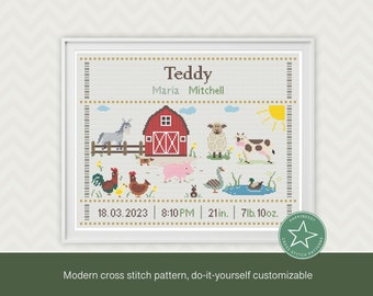 May include: A cross stitch pattern featuring a farm scene with a red barn, animals, and a sun. The pattern includes the name "Teddy", the date "18.03.2023", the time "8:10 PM", the length "21 in.", and the weight "7 lb. 10 oz.".