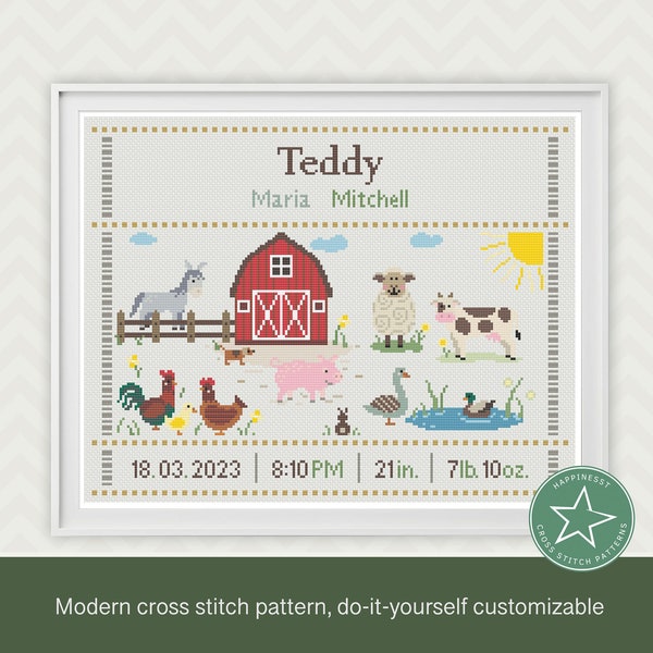 Cross stitch pattern baby birth sampler farm animals, barn yard, birth announcement, baby boy or girl, DIY customizable pattern** PDF**