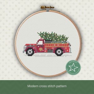 Christmas cross stitch pattern, Christmas firetruck with tree, Christmas ornament, PDF, ** instant download**