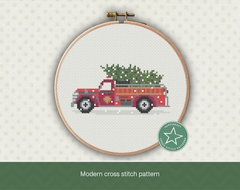 Christmas cross stitch pattern, Christmas firetruck with tree, Christmas ornament, PDF, ** instant download**