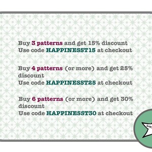 May include: A light green and white graphic with text offering discounts on patterns. The text reads "Buy 3 patterns and get 15% discount", "Buy 4 patterns (or more) and get 25% discount", and "Buy 6 patterns (or more) and get 30% discount".