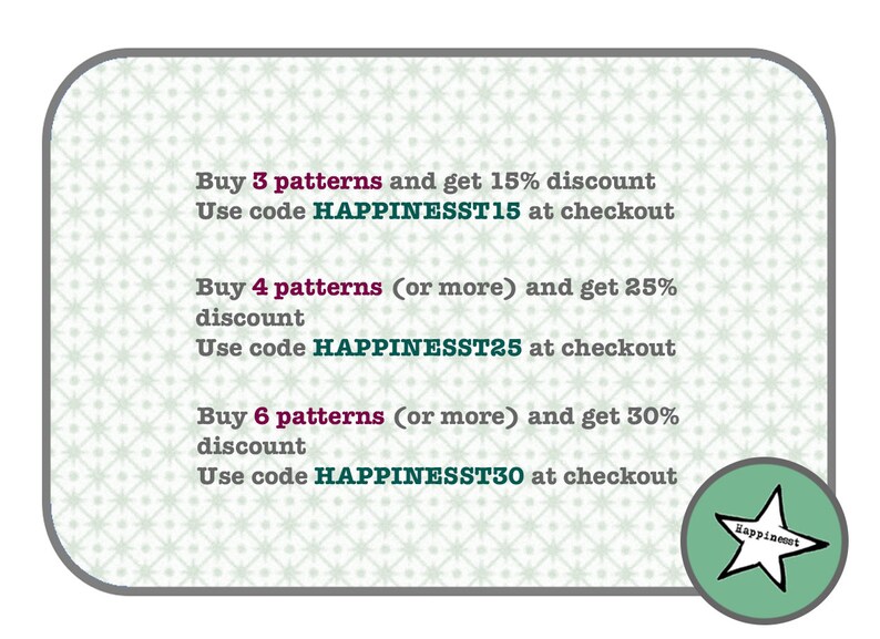 May include: A light green and white graphic with text offering discounts on patterns. The text reads "Buy 3 patterns and get 15% discount", "Buy 4 patterns (or more) and get 25% discount", and "Buy 6 patterns (or more) and get 30% discount".