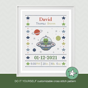 Cross stitch pattern birth sampler, birth announcement, Alien flying saucer, baby boy, DIY customizable pattern** instant download**