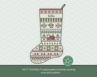 Christmas stocking cross stitch pattern dove and train (pointing left), DIY customizable with name,  PDF, ** instant download**