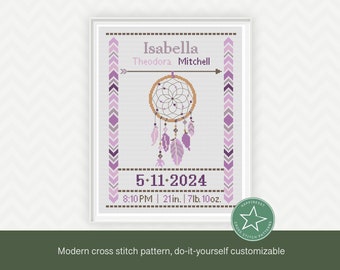 Cross stitch baby birth sampler, birth announcement, dreamcatcher, purples, DIY customizable pattern** instant download**