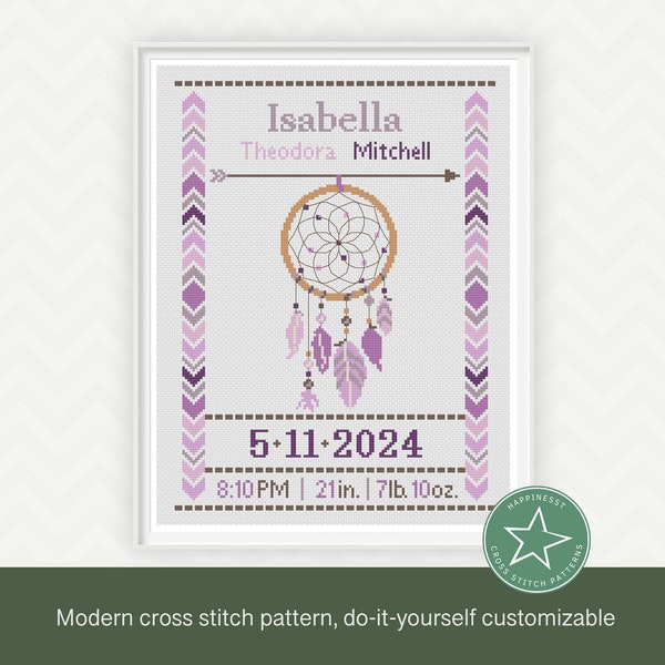 Cross stitch baby birth sampler, birth announcement, dreamcatcher, purples, DIY customizable pattern** instant download**