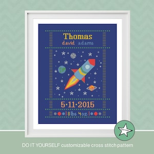 cross stitch baby birth sampler, birth announcement, rocket, baby boy, DIY customizable pattern** instant download**