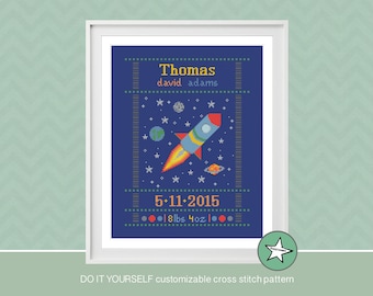 cross stitch baby birth sampler, birth announcement, rocket, baby boy, DIY customizable pattern** instant download**