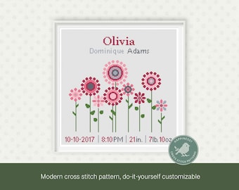 cross stitch baby birth sampler, birth announcement, flowers, pink, baby girl, DIY customizable pattern** instant download**