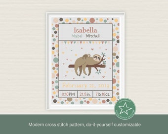 Cross stitch pattern baby birth sampler sloth, birth announcement, sloth & baby sloth, neutrals,  DIY customizable pattern**pdf**