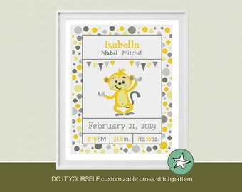 cross stitch baby birth sampler monkey, birth announcement, baby girl or boy, yellow and grey, DIY customizable pattern** instant download**