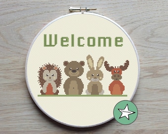 Modern cross stitch pattern WELCOME, woodland welcome, PDF  ** instant download**