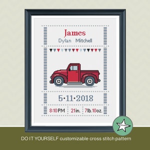 May include: Framed cross-stitch art featuring a red pickup truck. The design includes the name "James" and birth details: date, time, length (21 inches), and weight (7 lbs 10 oz). The text "DO IT YOURSELF customizable cross stitch pattern" is also included.