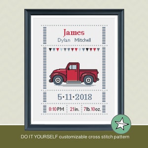 Cross stitch pattern baby birth sampler truck red, birth announcement, pickup truck, baby, DIY customizable pattern** instant download**