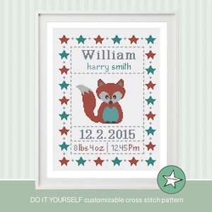 cross stitch baby birth sampler, birth announcement, Fox, woodland,DIY customizable pattern** instant download**