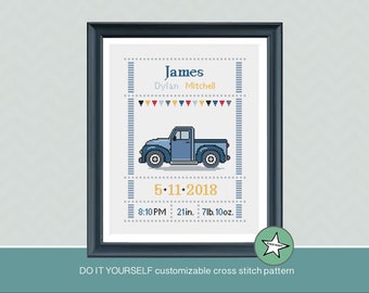 Wzór haftu krzyżykowego na narodziny ciężarówki (możliwość dostosowania do własnych potrzeb, plik PDF do pobrania)