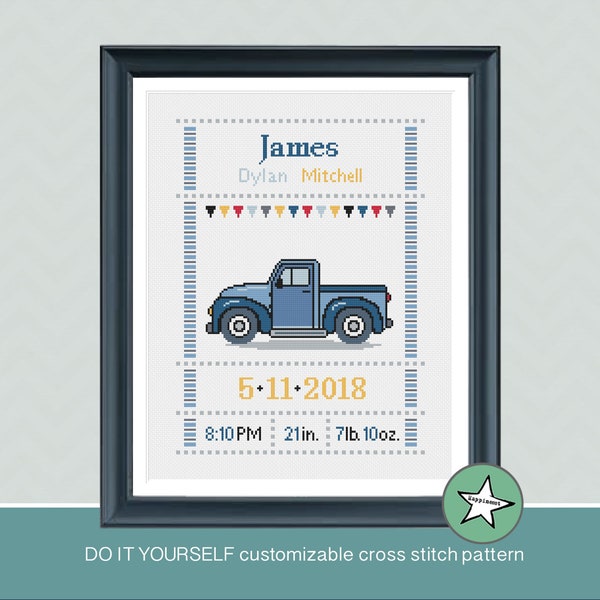 Cross stitch pattern baby birth sampler truck, birth announcement, pickup truck, baby boy, DIY customizable pattern** instant download**