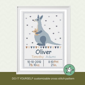 Cross stitch pattern baby birth sampler, birth announcement, kangaroo, baby boy, blues, DIY customizable pattern** download**