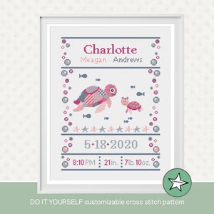 Cross stitch pattern baby birth sampler sea turtles, pinks, birth announcement, baby girl, DIY customizable pattern** instant download**