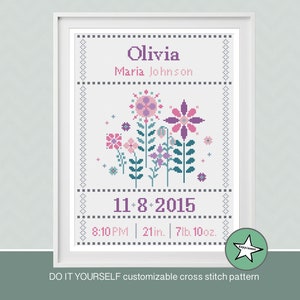 Cross stitch baby birth sampler, birth announcement, flowers, pink purple turquoise, girl, DIY customizable pattern** instant download**