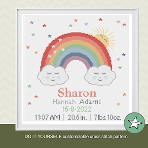 Padrão de ponto cruz amostrador de nascimento de bebê arco-íris, anúncio de nascimento, pastel, menina ou menino, padrão personalizável DIY ** download instantâneo **