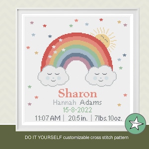 Cross stitch pattern baby birth sampler rainbow, birth announcement, pastel, girl or boy, DIY customizable pattern** instant download**