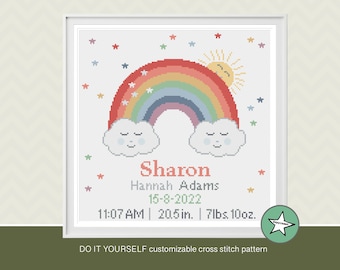 May include: A customizable cross stitch pattern featuring a rainbow with clouds and a sun. The pattern includes the name "Sharon", the date "15-8-2022", and the time "11:07 AM". The baby's measurements are also included: "20.5 in. 7lbs. 10oz."