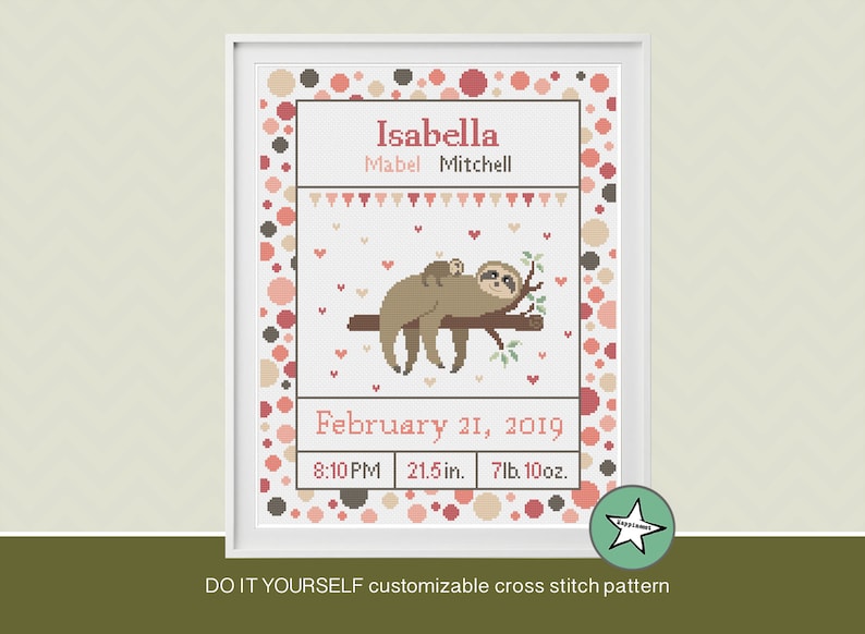 Cross Stitch Pattern Baby Birth Sampler Sloth Birth Etsy