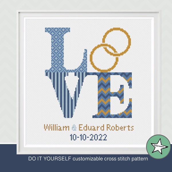 Customizable Wedding Cross Stitch Pattern, Love Sign, Gay Blue Gold Rings (PDF Download)