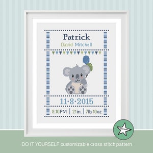 cross stitch baby birth sampler, birth announcement, koala, baby boy, cute,  DIY customizable pattern** instant download**