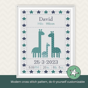 Cross stitch pattern  baby birth sampler, birth announcement, giraffes family,teal, baby, DIY customizable ** instant download**