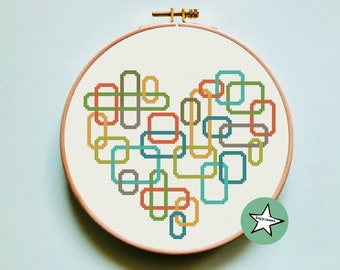 geometric modern cross stitch pattern heart, retro blocks, PDF pattern ** instant download**