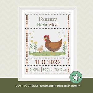 Cross stitch pattern baby birth sampler chicken, birth announcement, farm, baby, DIY customizable pattern** instant download**
