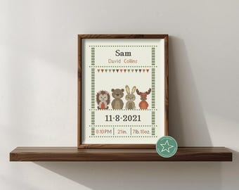 Schema punto croce, sampler nascita, annuncio nascita, animale del bosco, schema fai da te personalizzabile** download immediato**