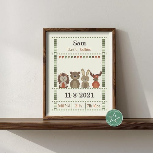 Echantillon de naissance bébé point de croix, faire-part de naissance, animal de la forêt, modèle personnalisable DIY** téléchargement immédiat**