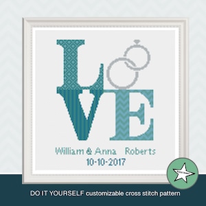 Wedding cross stitch pattern, love sign, teal peacock, DIY customizable, modern pattern, wedding anniversary PDF, DIY ** instant download**