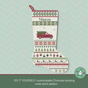 Modèle de point de croix pour bas de Noël : modèle de camion, nom personnalisable (téléchargement PDF instantané)