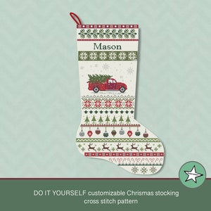 Christmas stocking cross stitch pattern truck(pointing right), DIY customizable with name, Christmas decoration,  PDF, ** instant download**