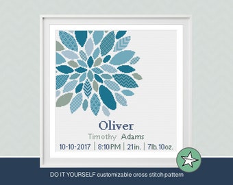 cross stitch baby birth sampler, birth announcement, modern flower, dahlia,  baby boy, DIY customizable pattern** instant download**