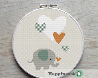 cross stitch pattern elephant with hearts, modern cross stitch, PDF,  ** instant download**