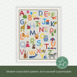 cross stitch sampler, ABC, Alphabet, kids ABC, nursery decoration, animal, ** instant download**