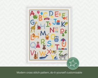 cross stitch sampler, ABC, Alphabet, kids ABC, nursery decoration, animal, ** instant download**