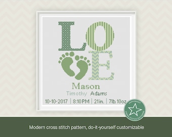 Cross stitch pattern baby birth sampler, birth announcement, LOVE, baby feet, greens,  DIY customizable pattern** instant download**