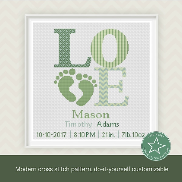 Patrón de punto de cruz muestra de nacimiento de bebé, anuncio de nacimiento, AMOR, pies de bebé, verdes, patrón personalizable DIY** descarga instantánea**