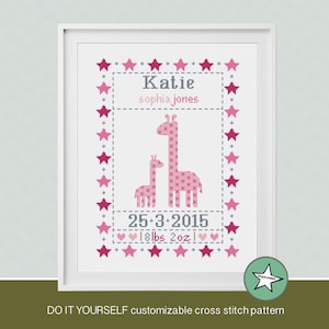 cross stitch baby birth sampler, birth announcement, giraffes, baby girl, DIY customizable pattern** instant download**