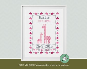 cross stitch baby birth sampler, birth announcement, giraffes, baby girl, DIY customizable pattern** instant download**