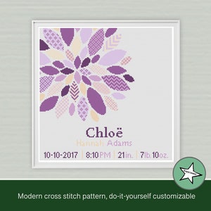 cross stitch baby birth sampler, birth announcement, modern flower, dahlia, purples, beige , DIY customizable pattern** instant download**