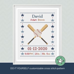 May include: A customizable cross stitch pattern featuring a baseball and bats with the name David, Adam Brown, and the date 01-12-2020, 6:09 PM, 20 in., 6lb. 5oz.