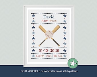 Cross stitch pattern baby birth sampler baseball, birth announcement, baby boy or girl, DIY customizable pattern** instant download**